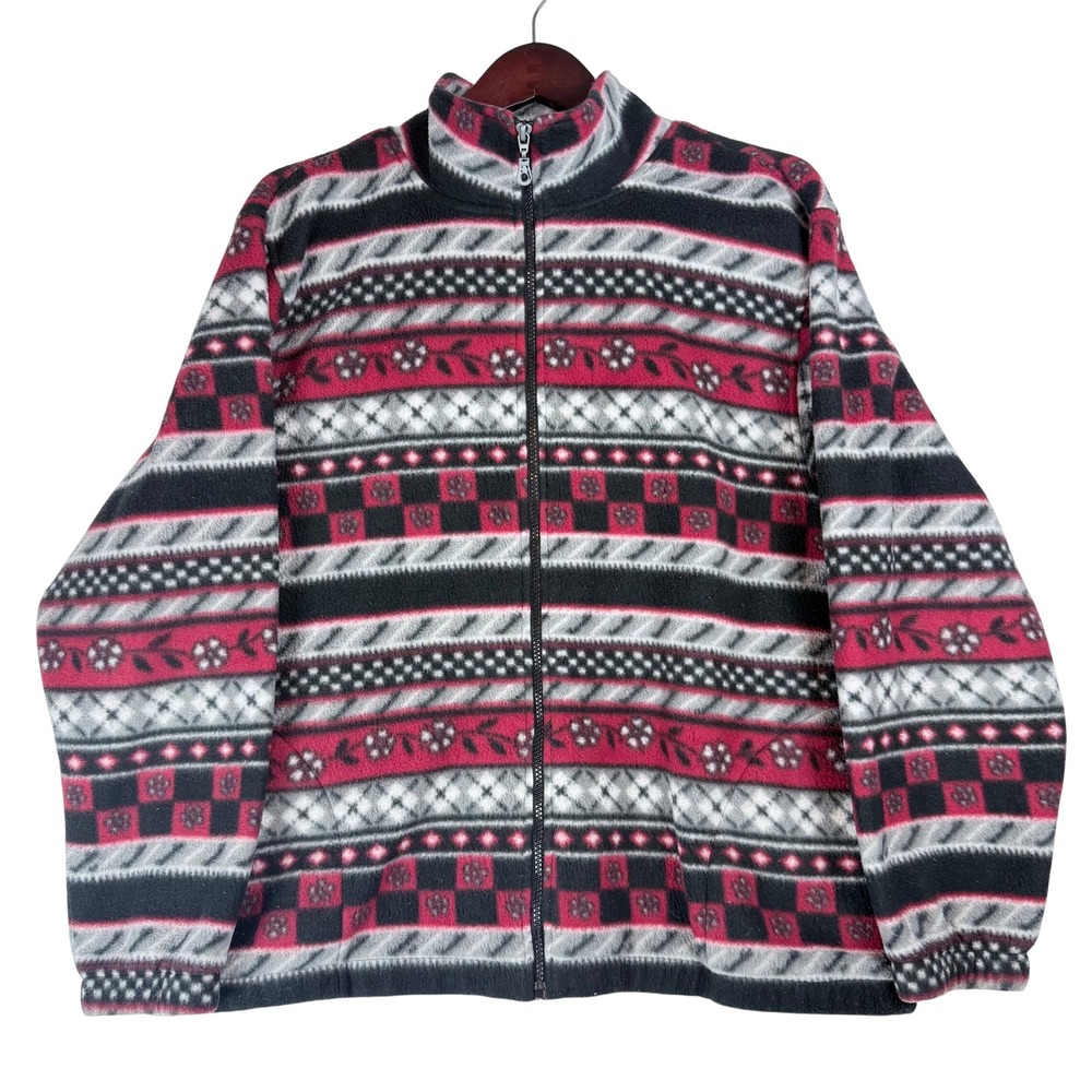 Vintage Alfred Dunner Fleece Jacket L Red Black Floral Geometric Gorpcore Retro